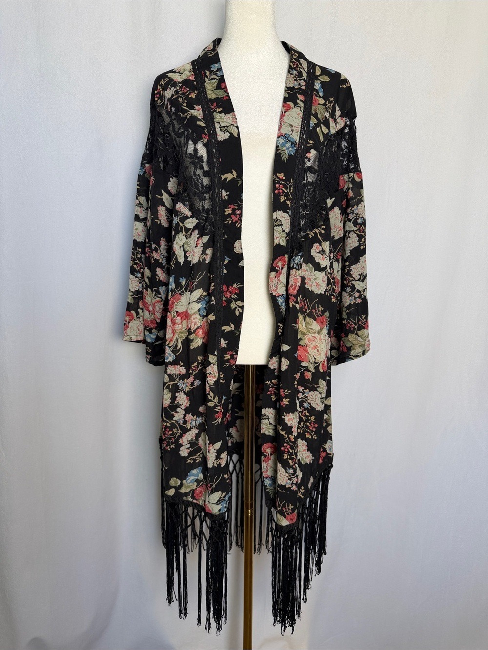 Miss Me Kimono Black Floral Print Lace Inset with Fringe Size M Open Front Sheer - Picture 2 of 8